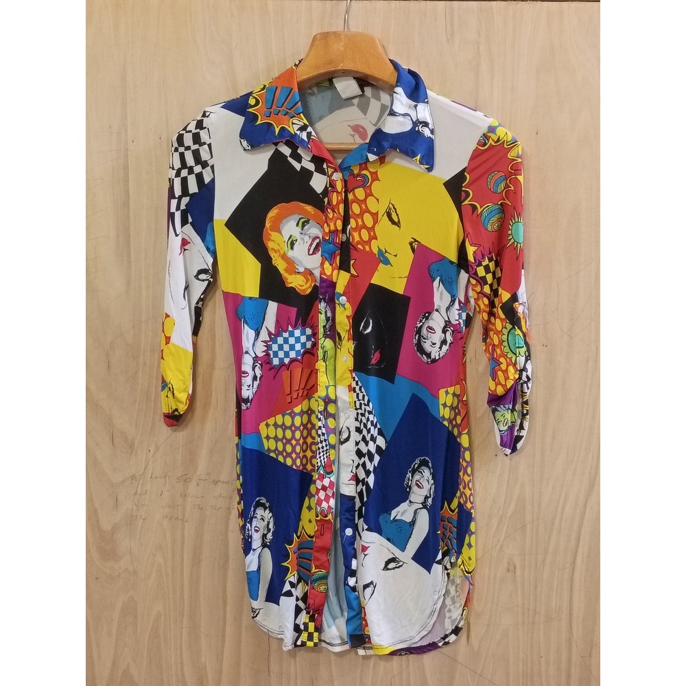 Gibiu USA‎ Pop Art Print Button Down Shirt Dress Retro Comic Graphic Multi Small